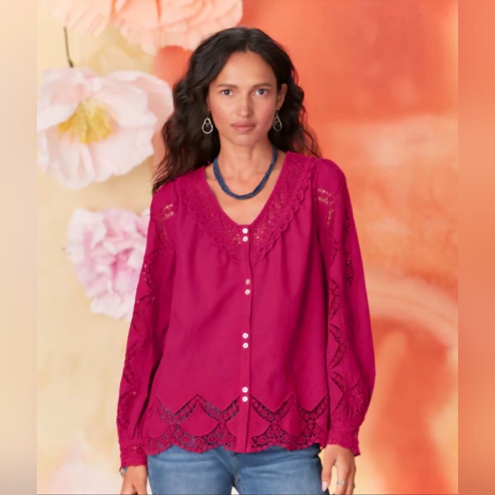 Sundance Trudy Lace Embroidery Long Sleeve Top in Magenta Pink Medium